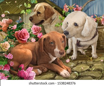 Illustration Painting Group Of Dogs And Flowers , Drawing ,Hand Drawn Home Pet.digital Art Style