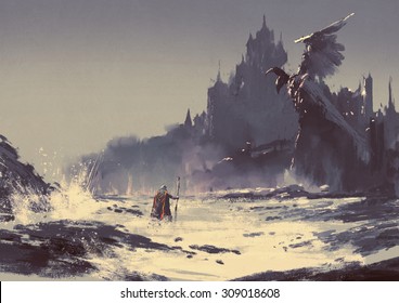illustration painting of king walking through sea beach next to fantasy castle in background