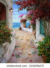 Illustration Painting Seaside Outdoor Summer Ambience Morning Wiht Flowers