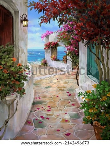 Illustration Painting seaside outdoor summer ambience morning wiht flowers