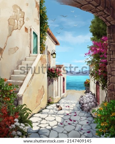 Illustration Painting seaside outdoor summer ambience morning wiht flowers