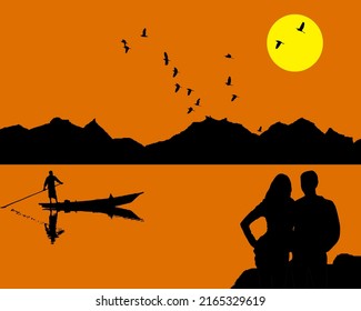 illustration of a pair of male and female lovers enjoying the sunset view, the silhouette background of the mountains, a collection of birds in the sky, a fisherman who has just returned from fishing.