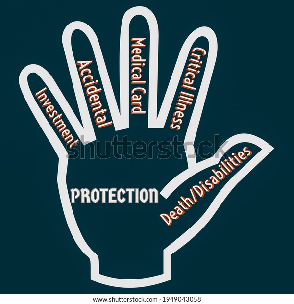 An illustration of palm hand with\
protection wording. Insurance protection\
concept.