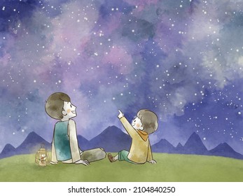 Illustration Of Parent And Child Looking Up At The Starry Sky