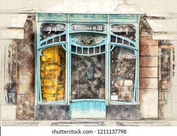 Illustration Of A  Parisian Art Nouveau Window Shop 