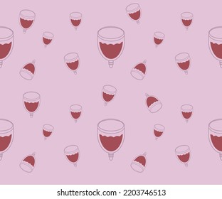 Illustration, Pattern. A Lot Of Menstrual Cups With Blood On A Delicate Pink Background, A Useful Thing For Women's Health That Makes Life Easier