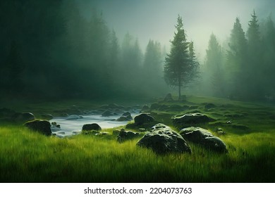 A Illustration Of A Peaceful And Quiet Forest