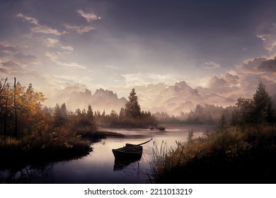 A Illustration Of A Peaceful And Quiet Forest Lake