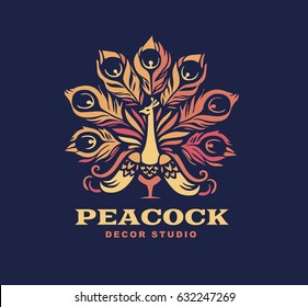 Illustration peacock, logo design Color version