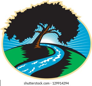 Illustration Of A Pecan Tree Silhouette With Winding River Stream And Sunburst In Background Done In Retro Style.