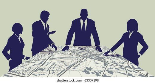 Illustration of people meeting around a generic city map