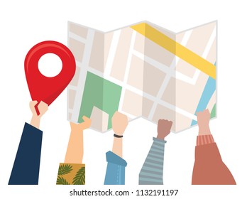 Illustration of people using a map for direction