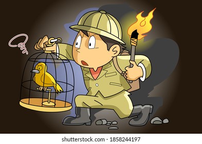 An Illustration Of A Person Walking In A Coal Mine Taking A Canary That Reacts To Gas.