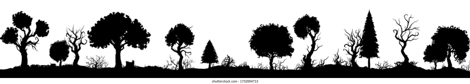 Illustration phantasy bizarre forest silhouette in one row