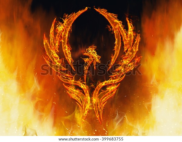 炎の中の鳳凰が炎の炉から飛び出した様子 のイラスト素材