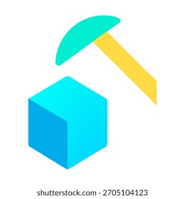 Illustration of a pickaxe mining a cube, symbolizing data mining, cryptocurrency mining, or resource extraction isolated on