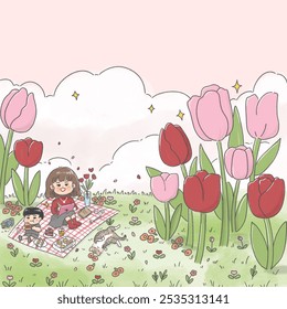 Illustration of a picnic day in a tulip garden - Powered by Shutterstock