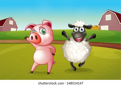Illustration of a pig and a sheep dancing at the farm 