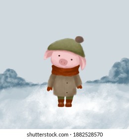 Illustration Of A Piglet Walking In The Snow