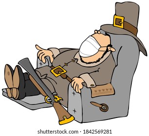 Illustration Of A Pilgrim Taking A Nap In A Recliner Chair While Wearing A Face Mask.