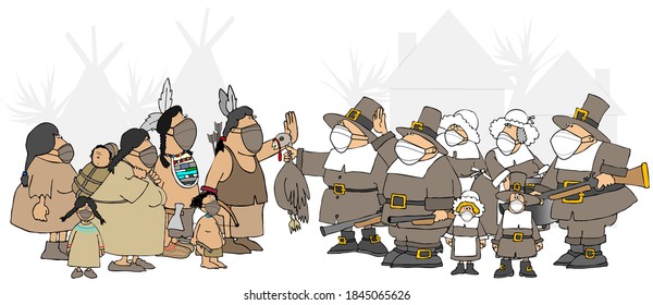 Illustration Of Pilgrims And Native Americans Meeting To Have The First Thanksgiving Dinner While Wearing Face Masks.