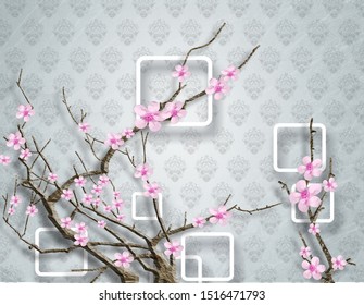 Illustration Of Pink Blossom On Damask Pattern Background 3D Wallpaper