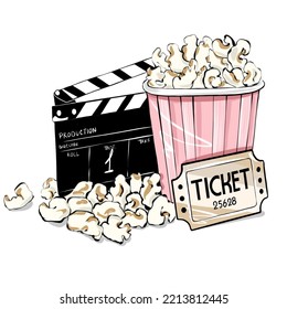 Illustration Of Pink Bucket Of Popcorn, Cinema Ticket And Black Clapper. Great For Advertising Poster, Cinema Theatre Flyer.