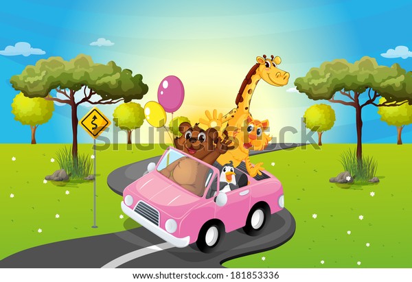 Illustration of a
pink car travelling with
animals