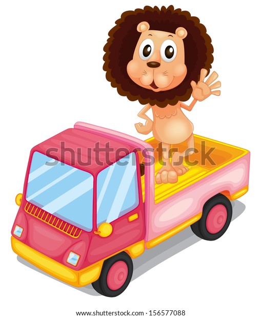 Illustration of a pink cargo truck with a\
lion waving at the back on a white background\
