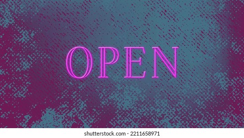 Illustration Of Pink Colored Open Text Against Abstract Background, Copy Space. Illuminated, Sign, Glowing, Retail, Store, Service And Communication Concept.