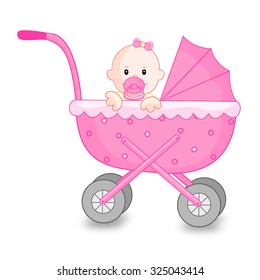 Illustration Of A Pink Go Cart With A Cute Little Baby Girl Inside Isolated On White Background 