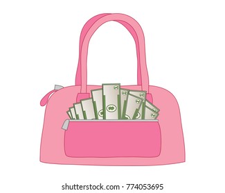 an illustration of a pink leather handbag full of dollar bills in a front pocket on a white background - Shutterstock ID 774053695