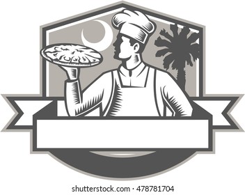 Illustration Of A Pizza Chef Baker Serving Holding Pizza Looking To The Side Viewed From Front Set Inside Shield Crest With Moon And Palmetto Tree In The Background Done In Retro Style. 