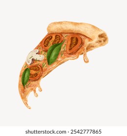 Illustration of a pizza slice with toppings like tomatoes, mushrooms, and basil isolated on white background. Pizza slice with dripping cheese. Tasty pizza slice with fresh ingredients. - Powered by Shutterstock