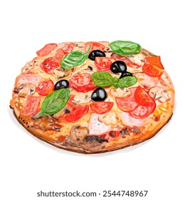 Illustration of a pizza with toppings like pepperoni, olives, and basil. Colorful pizza with pepperoni, olives, and basil. Tasty pizza with fresh ingredients on white background. - Powered by Shutterstock