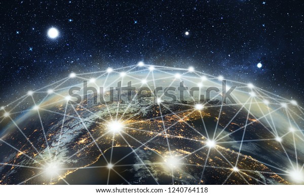 Illustration of Planet\
covered by satellites in space background. Elements of this image\
furnished by\
NASA