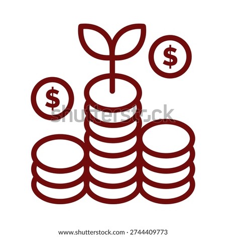 An illustration of a plant sprouting from a stack of coins, with two dollar signs on either side, symbolizing growth and financial prosperity.