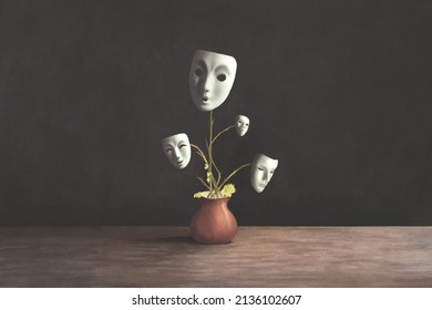 Illustration of plant that grows blossoming in surreal theatrical masks, surreal abstract concept