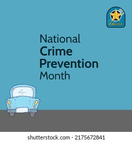 Illustration of police badge with national crime prevention month text and car on road, copy space. Blue background, transportation, protection, support, awareness and alertness concept. - Powered by Shutterstock