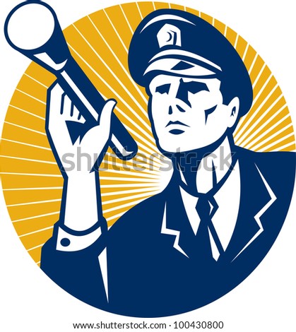 Illustration of a police officer policeman security guard holding a flashlight torch set inside circle done in retro style. Stock photo © 