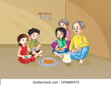 Illustration Of Poor Family Eating In Rhe House