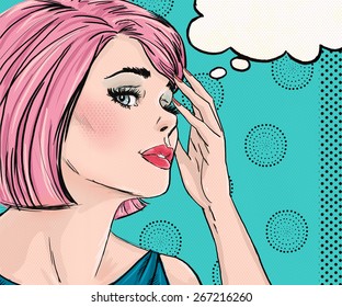 Illustration Of Pop Art Woman With Thought Bubble. Advertising Poster Of Sad Romantic Pink Hair Girl.