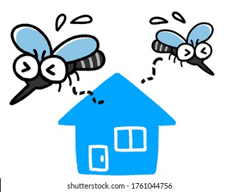 Illustration Of The Pop Two Mosquitoes Characters Running Away From Home. Mosquitoes Hate The Home.