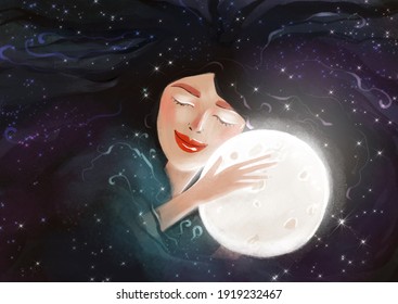 illustration of a portrait of a girl sleeping, in peace, with a smile on her face. Woman hugs the moon, sleeping man. Good sleep, insomnia - Powered by Shutterstock