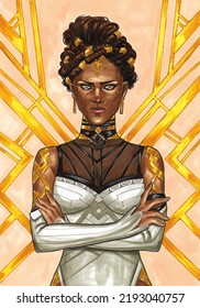 Illustration Portrait With Markers Black Woman White Dress Gold Jewelry Power And Strength Character TV Series