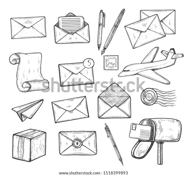 郵便局のアイコンセットのイラスト 文字 メール 封筒 紙面 飛行機 航空便 切手 ペン スクロール メールボックス ビンテージ手描きのスタイル の イラスト素材