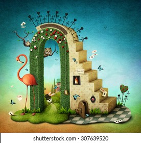 Illustration or poster with  stairs and green arch with fabulous items