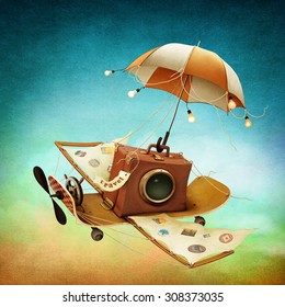 Illustration or poster with  travel bag and flying skateboard