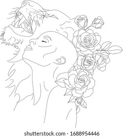 Illustration powerful woman and roses   lion 