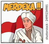 illustration of Prince Diponegoro, leader of the Javanese war. National hero of indonesia. White Background with flag fluttering.